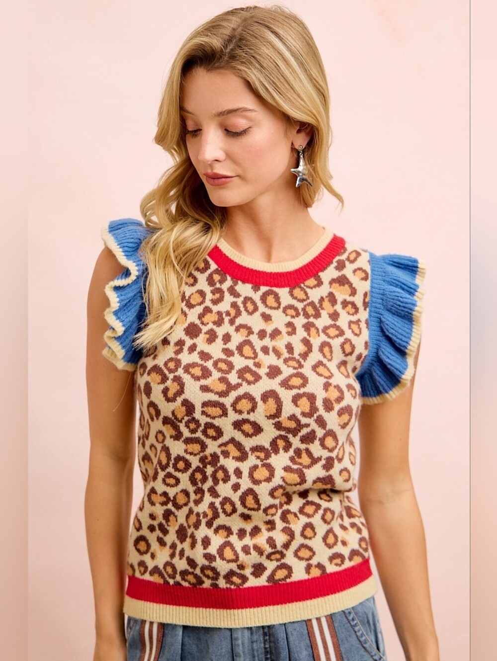 BiBi 4th Of July Leopard Ruffled Detail Knit Top- FAST SHIPPING!! - Picture 6 of 13